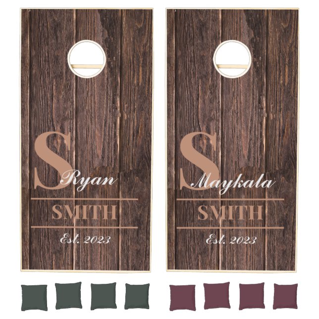 Rustic Wood Grain Modern Couple Monogram Wedding Cornhole Set (Set)