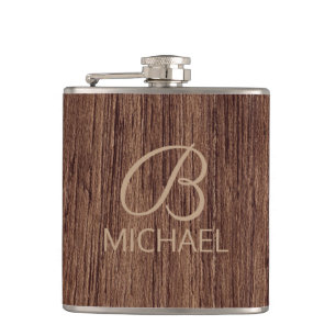 Rustic Wood Grain Monogram Gift For Him Flask