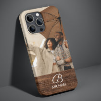 Rustic Wood Grain Monogram Photo Name iPhone 13 Case