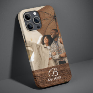 Rustic Wood Grain Monogram Photo Name iPhone 13 Case