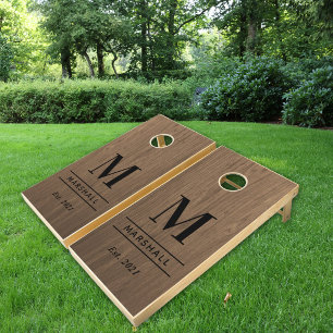 Rustic Wood Grain Monogram Wedding Family Cornhole Set
