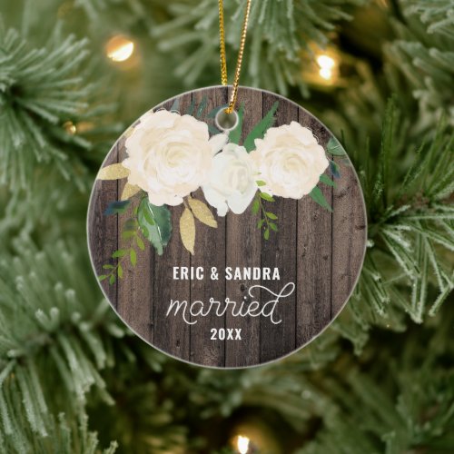 Rustic Wood Grain Personalized Married Couple Ceramic Ornament