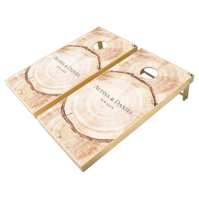 Rustic Wood Grain Personalized Wedding Cornhole Set (Angled)