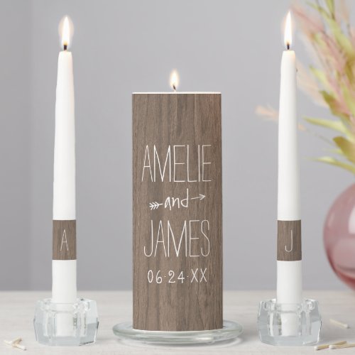 Rustic Wood Grain Personalized Wedding Monogram Unity Candle Set