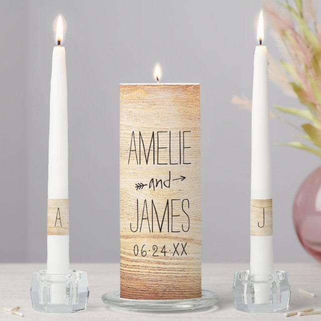 Rustic Wood Grain Personalized Wedding Monogram Unity Candle Set (In Situ)
