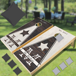 Rustic Wood Grain Star Team Brown Cream Monogram Cornhole Set