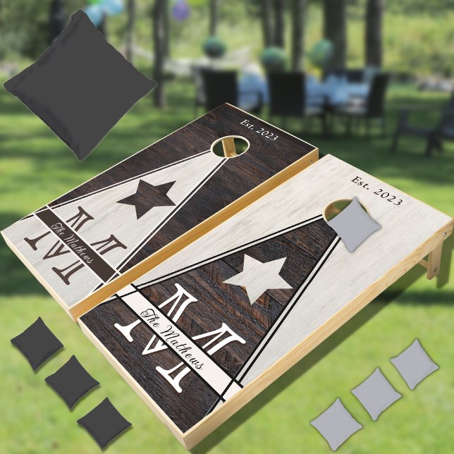Rustic Wood Grain Star Team Brown Cream Monogram Cornhole Set (Creator Uploaded)