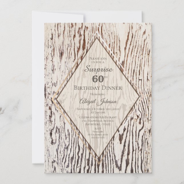 Rustic Wood Grain Surprise 60th Birthday Dinner Invitation (Front)