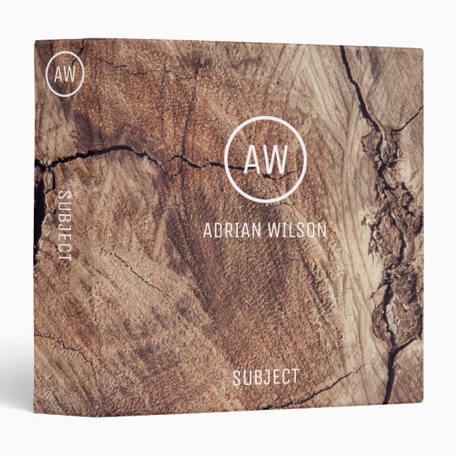Rustic Wood Grain Texture Monogram 3 Ring Binder (Front/Spine)