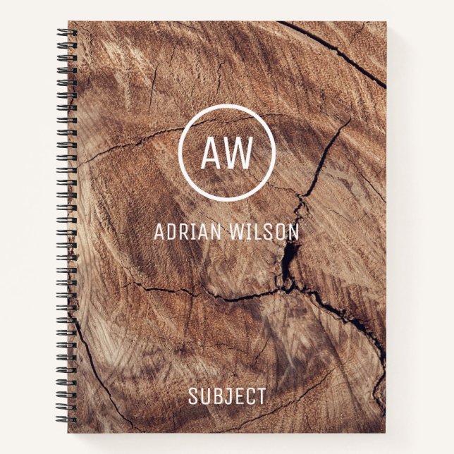 Rustic Wood Grain Texture Monogram Notebook (Front)