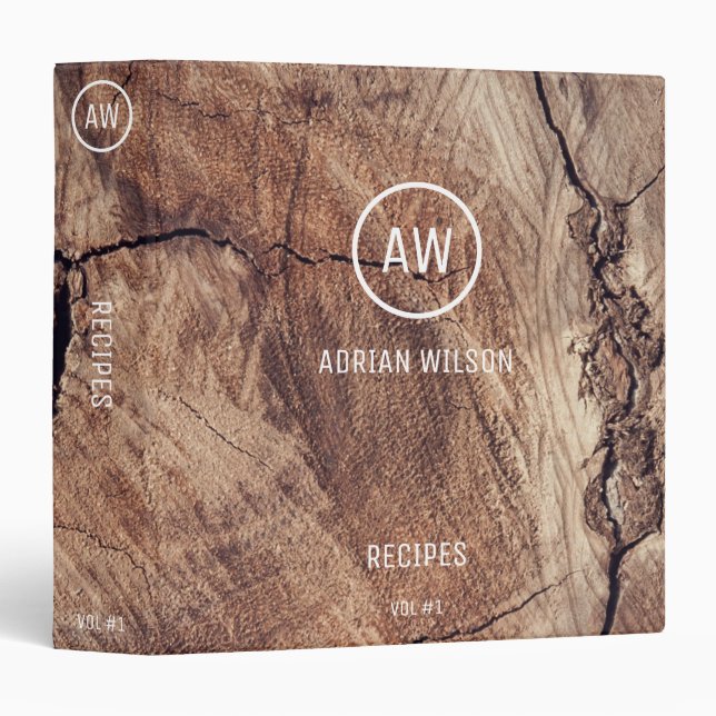 Rustic Wood Grain Texture Monogram Recipes 3 Ring Binder (Front/Spine)