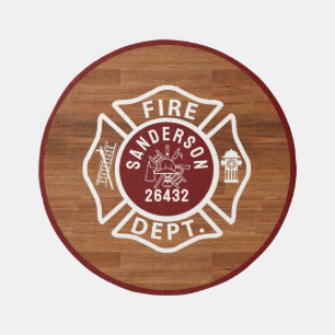 Rustic Wood Grain Tone Fireman Emblem Custom Rug