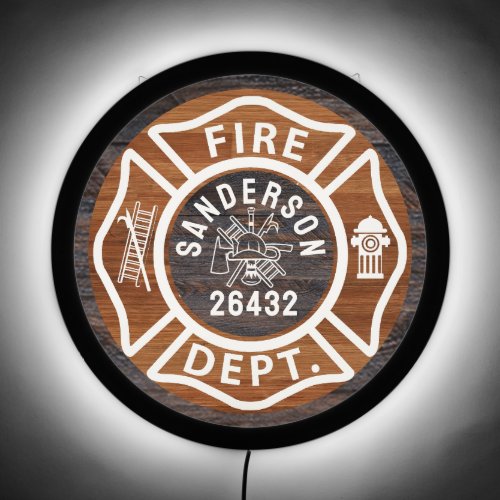 Rustic Wood Grain Tone Fireman emblem illuminated LED Sign