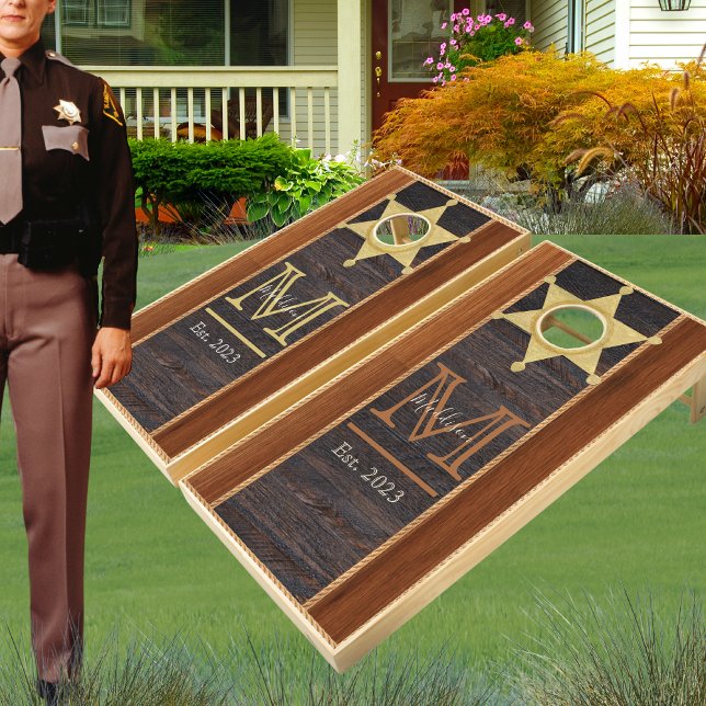 Rustic Wood Grain Tone Sheriff  Monogram  Cornhole Set (Creator Uploaded)
