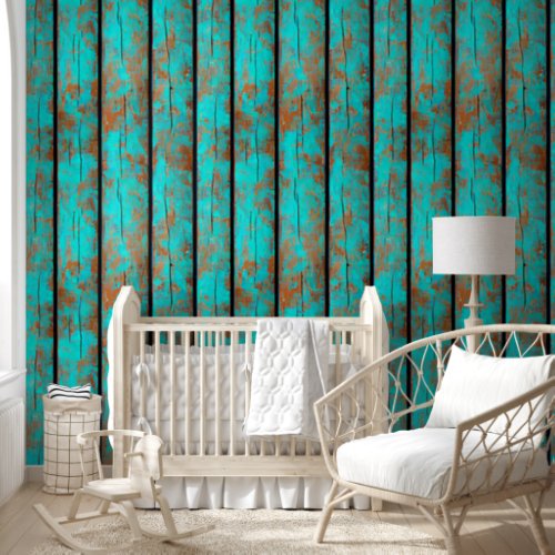 Rustic wood grain turquoise brown country planks  wallpaper 