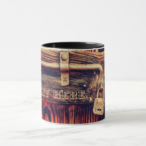 Rustic wood grain vintage brass lock brown black  mug