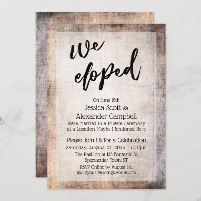 Rustic Wood Grain We Eloped Typography Reception Invitation (Front/Back)