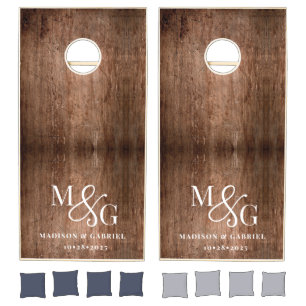 Rustic Wood Grain Wedding Monogram  Cornhole Set