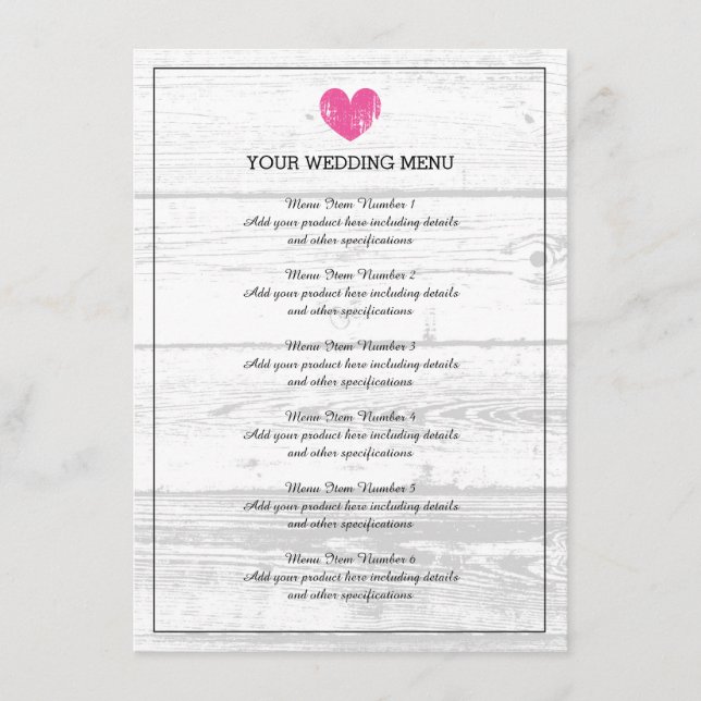 Rustic wood grain wedding reception dinner menu (Front)