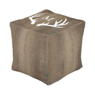 Rustic Wood Grain White Deer Antlers Monogrammed Pouf