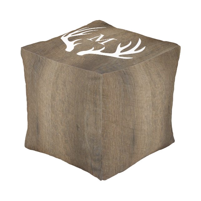 Rustic Wood Grain White Deer Antlers Monogrammed Pouf (Angled Front)