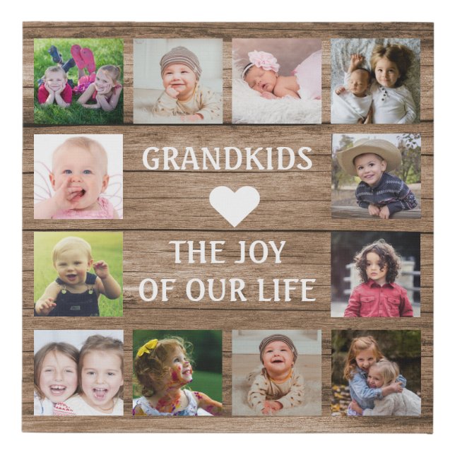 Rustic Wood Grandkids Quote 12 Photo Collage   Faux Canvas Print (Front)