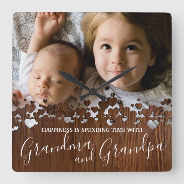 Rustic Wood Grandma & Grandpa Photo Square Wall Clock (Front)