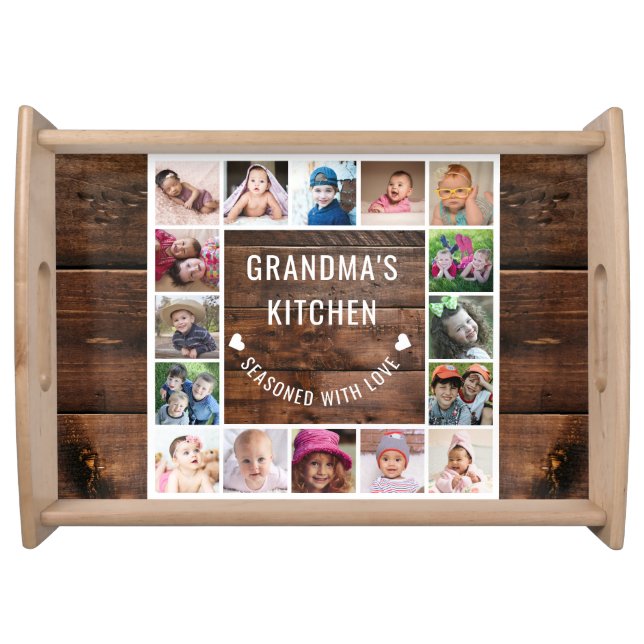 Rustic Wood Grandma’s Kitchen 16 Photo Collage   Serving Tray (Front)
