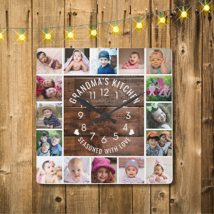 Rustic Wood Grandma's Kitchen 16 Photo Collage  Square Wall Clock