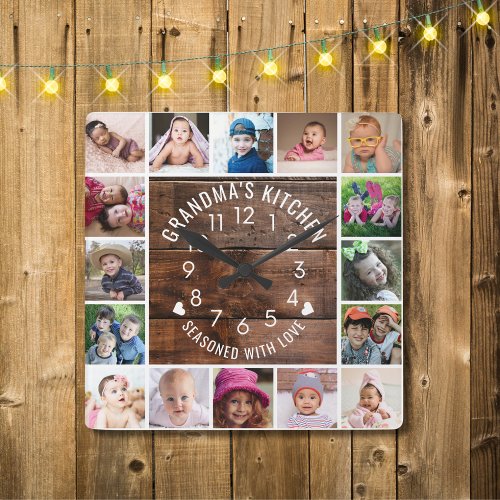 Rustic Wood Grandma's Kitchen 16 Photo Collage Square Wall Clock