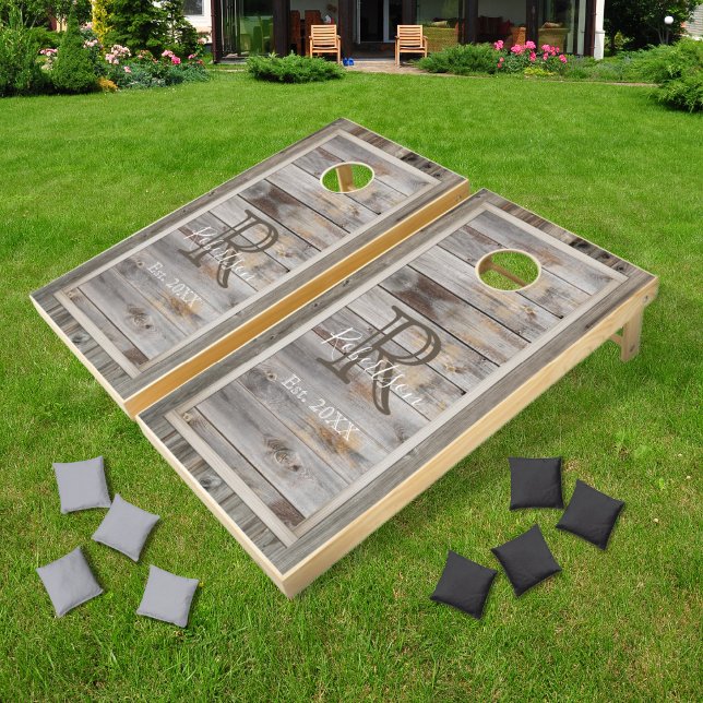 Rustic Wood Gray Monogram Square Cornhole Set (Creator Uploaded)