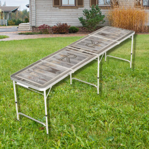 Rustic Wood Gray Monogram Square Design Beer Pong Table