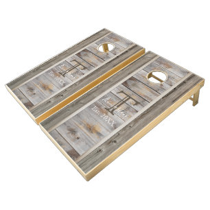 Rustic Wood Gray Monogram Stripe Cornhole Set