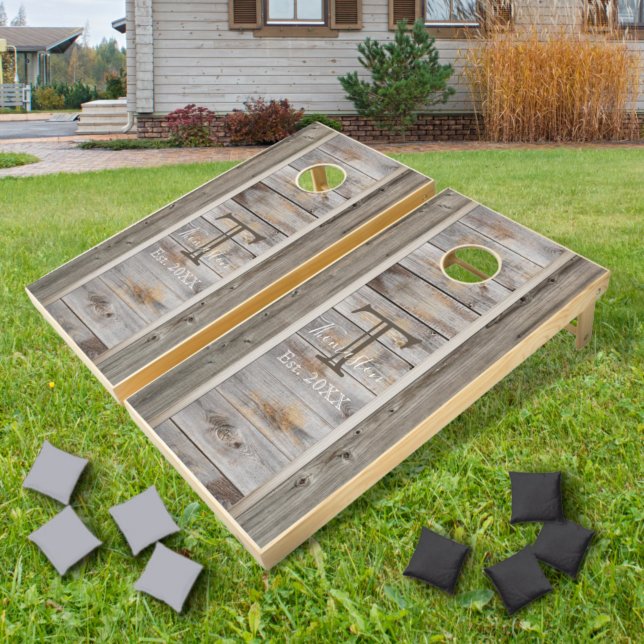 Rustic Wood Gray Monogram Stripe Design  Cornhole Set (Creator Uploaded)