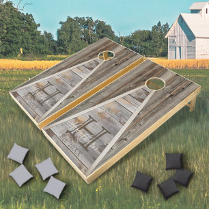 Rustic Wood Gray Monogram Triangle Design Cornhole Set