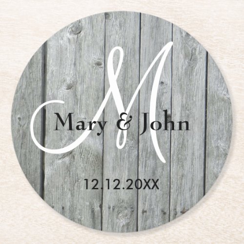 Rustic Wood Gray Wedding Monogram Round Paper Coaster