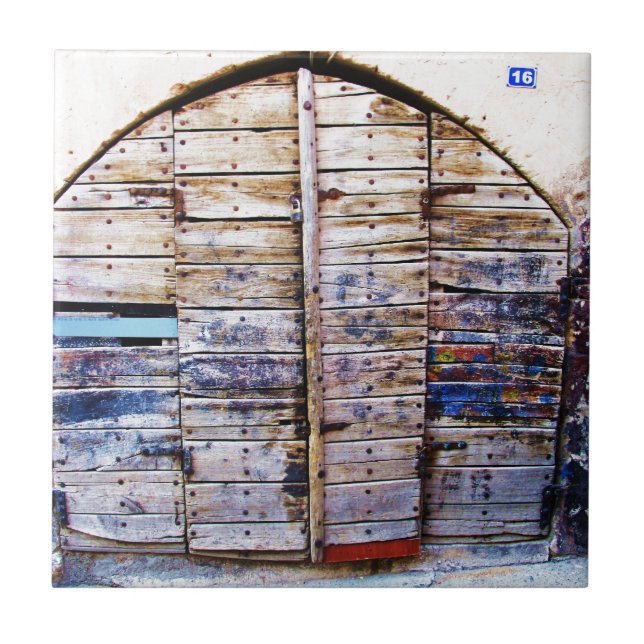 Rustic Wood Greek Door Greece Photography Ceramic Tile (Front)
