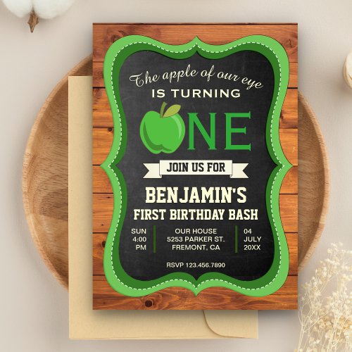 Rustic Wood Green Apple 1st First Birthday Party Invitation