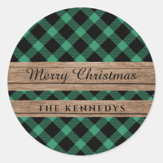 Rustic Wood Green Black Buffalo Plaid Christmas Classic Round Sticker