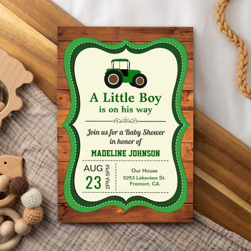 Rustic Wood Green Farm Tractor Baby Shower Invitation