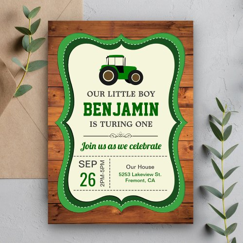 Rustic Wood Green Farm Tractor Kids Birthday Party Invitation