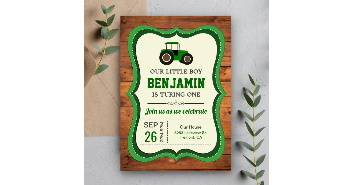 Rustic Wood Green Farm Tractor Kids Birthday Party Invitation | Zazzle