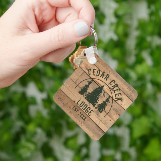 Rustic Wood Green Forest Trees Cabin Rental Keychain (Hand)
