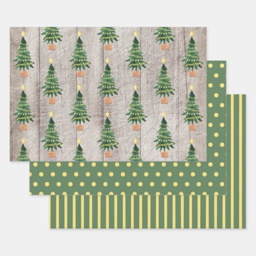 Rustic Wood Green Gold Christmas Polka Dots Stripe Wrapping Paper Sheets