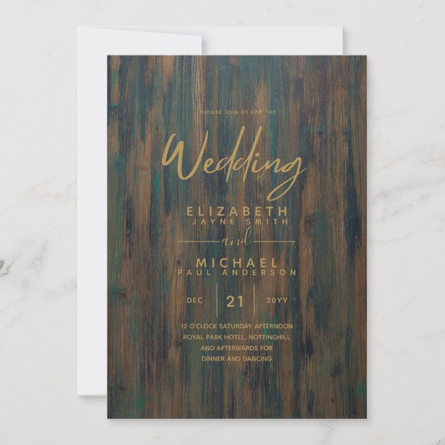 Rustic Wood Green Gold Wedding Invites (Front)