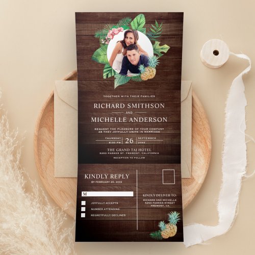 Rustic Wood Green Palm Leaves Wreath Photo Wedding Tri_Fold Invitation