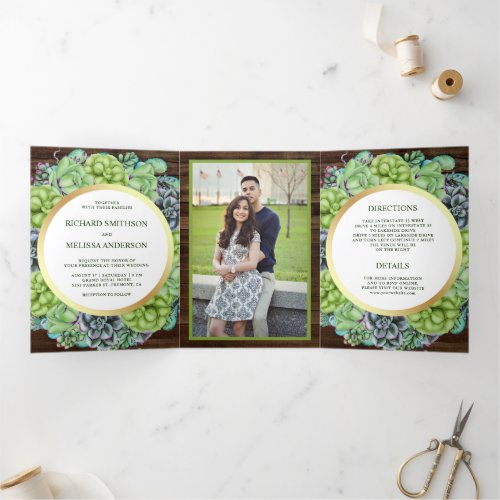 Rustic Wood Green Succulent Wreath Photo Wedding Tri_Fold Invitation