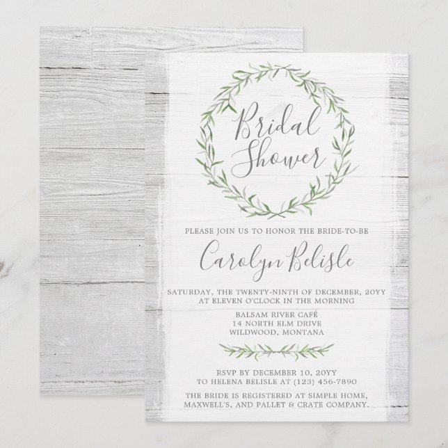 Rustic Wood Green Wreath Bridal Shower Invitation (Front/Back)