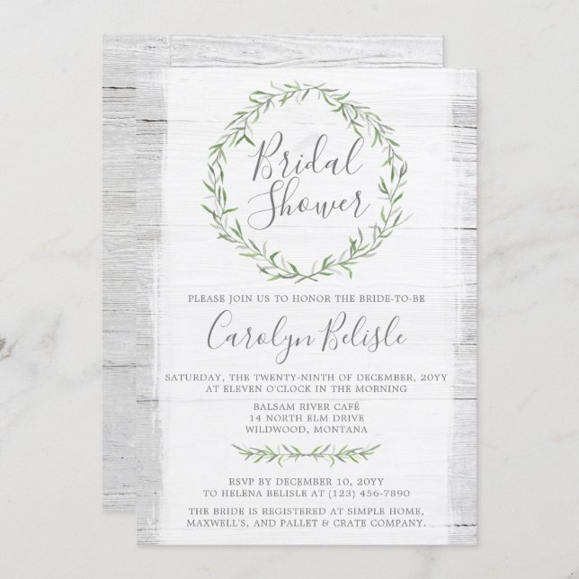 Rustic Wood Green Wreath Bridal Shower Invitation (Front/Back)