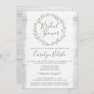 Rustic Wood Green Wreath Bridal Shower Invitation